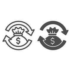Poster - Circular arrows and a bag of money line and solid icon, Corona downturn concept, money recycle sign on white background, Money bag with spinning arrows icon in outline style. Vector graphics.
