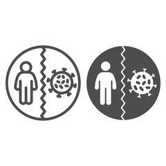 Poster - Man with dividing line and virus cell line and solid icon, Corona downturn concept, social distancing sign on white background, keep distance with covid-19 bacteria icon in outline. Vector graphics.