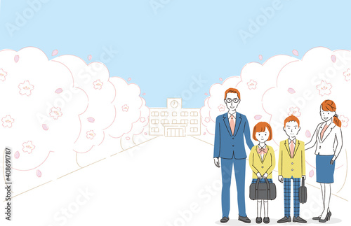 手書き線画カラーイラスト 学生の男女と母親と父親が桜並木に立っている Plakaty