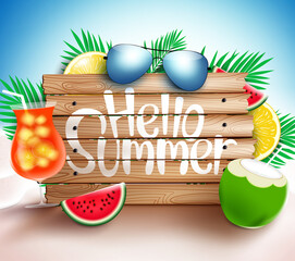 Wall Mural - hello summer vector concept design. hello summer text in beach sand background with colorful tropica