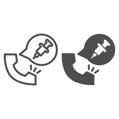 Poster - Handset and syringe in bubble chat line and solid icon, injections concept, online medicine sign on white background, Call doctor for vaccine icon in outline style for mobile and web. Vector graphics.