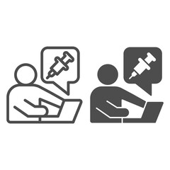 Poster - Man at laptop and syringe line and solid icon, injections concept, Health care online consultation sign on white background, medical adviser sitting with computer icon outline style. Vector graphics.