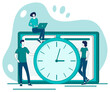 Time control.People on the background of a large clock and a daily planner.Time management and deadline.Scheduling of tasks.The concept of time preservation.Flat vector illustration.