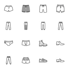 Wall Mural - Man clothes line icons set, outline vector symbol collection, linear style pictogram pack. Signs, logo illustration. Set includes icons as underwear pants, summer shorts, trousers, boot, sport shoes