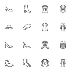 Wall Mural - Women clothing line icons set, outline vector symbol collection, linear style pictogram pack. Signs, logo illustration. Set includes icons as high heel shoes, boot, winter coat, scarf, jacket, socks
