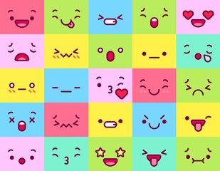 Wall Mural - Cute colored faces collection. Happy smile expression, emotion of set in color square, emoticon cartoon. Vector illustration