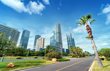 Sticker - Central business district, roads and skyscrapers, Xiamen, China.