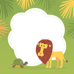 Sticker - Cute Funny African Animals Banner Template with Space for Text, Cover, Poster, Invitation Card, Flyer Design Template with Lion and Turtle Vector Illustration