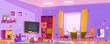 Messy room in kindergarten with drawings on furniture and walls, clutter and trash. Vector cartoon interior of kids playroom with dirty chalkboard, desk and chair, scattered garbage and toys