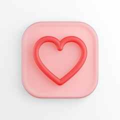 Poster - Icon red heart contour line, pink square button. 3D rendering.