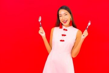 Sticker - Portrait beautiful young asian woman with spoon and fork