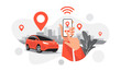 Isolated vector illustration of autonomous parking online ride car sharing service connected via smartphone app. Hands with phone location mark of smart share electric auto in modern city skyline.