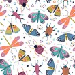 Seamless childish pattern with butterflies, dragonflies, bugs and beetles in Scandinavian style. Perfect for wallpaper, fabric texture, wrapping paper