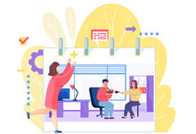 Woman Points To Poster On Background. Man Communicating With Girl And Holding Plate Of Fruit. People Spend Time At Work Vector Illustration. Person Eating Natural Healthy Foods For Immunity