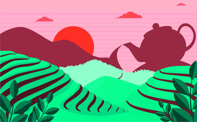 tea plantation landscape with mountains in the form of a teapot