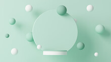 Minimal Scene With Levitating Balls, Podium And Abstract Background. Pastel Blue And White Colors Scene. Trendy 3d Render For Social Media Banners, Promotion, Cosmetic Product Show. Geometric Shapes
