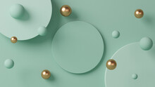 Minimal Scene With Levitating Balls, Podium And Abstract Background. Pastel Blue And Gold Colors Scene. Trendy 3d Render For Social Media Banners, Promotion, Cosmetic Product Show. Top View.