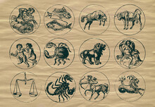 Retro Vintage Zodiac Signs Based On Medieval Engravings, With Old Paper Texture In Background. Horoscope, Mysticism, Occultism And Ancient Magic.
