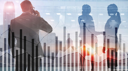 Wall Mural - Business people silhouettes with forex chart on blurry city background. Teamwork, finance and success concept. Mixed Media.