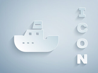 Wall Mural - Paper cut Toy boat icon isolated on grey background. Paper art style. Vector.