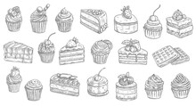 Cakes And Cheesecakes Sketch, Pastry Desserts And Sweet Food Vector Hand Drawn Icons. Bakery And Pastry Shop Sweet Chocolate Cakes, Patisserie Sweet Dessert Cheesecake, Tiramisu, Brownie And Waffles