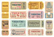 © Vector Tradition - Theatre show, actors performance retro tickets set with comedy and tragedy masks, lira musical instrument and ancient greece columns vector. Theater admission pass, admit one with tear-off perforation