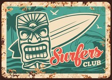 Surfing And Surfer Club Metal Plate Rusty, Surfboard On Water Waves, Vector Vintage Retro Poster. Surfing Sport Club Sign Or Metal Plate With Rust, Surf Board, Palms, Seagulls And Hawaiian Tribal Mask