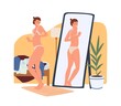 Young woman in underwear looking at extra pounds or kilos of her body in reflection of the mirror. Body rejection problem, self-hatred, dissatisfaction with appearance. Color flat vector illustration.