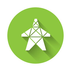 Poster - White Electric tower used to support an overhead power line icon isolated with long shadow. High voltage power pole line. Green circle button. Vector.