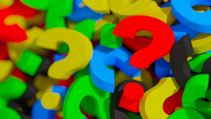 Poster - Business question concept. Colorful question marks laying in a stack with focus on single red question mark. Strategy choice with finance and investment. 3D Rendering