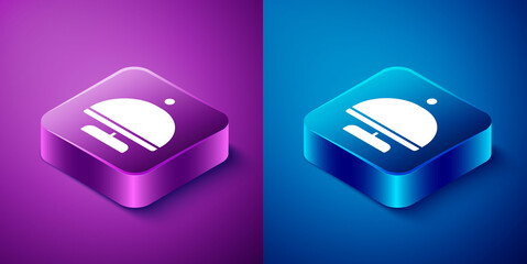 Sticker - Isometric Covered with a tray of food icon isolated on blue and purple background. Tray and lid sign. Restaurant cloche with lid. Square button. Vector.