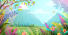 Beautiful Landscape With Trees Flowers Grass And Mountains In The Background. Nature Magical Heavenly Scenery, Modern Illustration In Watercolor Style. Nature And Woods Vector Background.