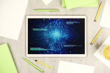 Aufkleber - Top view of modern digital tablet monitor with creative code skull hologram. Malware and cyber crime concept. 3D Rendering