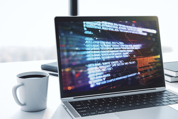 Poster - Modern computer screen with abstract graphic coding sketch, big data and networking concept. 3D Rendering