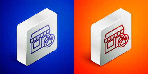 Sticker - Isometric line Veterinary medicine hospital, clinic or pet shop for animals icon isolated on blue and orange background. Vet or veterinarian clinic. Silver square button. Vector.