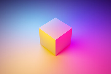 Poster - 3d classic still life with a geometric volumetric figure of a cube with a shadow under blue, pink, orange neon color