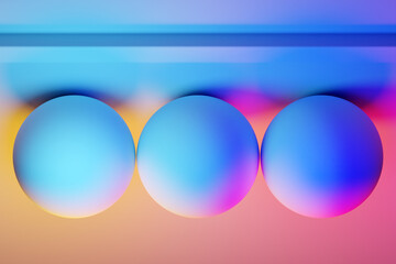 Fototapete - 3d classic still life with geometric volumetric figures of three balls with a shadow under blue, pink, orange neon color