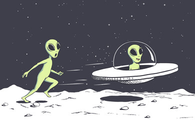 Wall Mural - alien catching a flying saucer