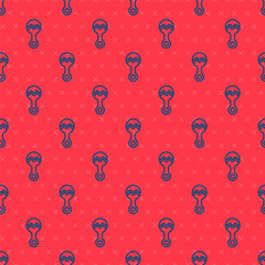 Wall Mural - Blue line Rattle baby toy icon isolated seamless pattern on red background. Beanbag sign. Vector.