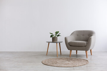 Aufkleber - Modern interior design with light empty mock-up wall and gray furniture, loft and vintage of living room