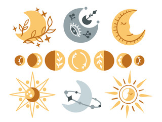 Sticker - Celestial lunar boho clipart set, isolated Moon phases, sun and stars on white background, kids mystical space baby illustration, decorative vector design elements