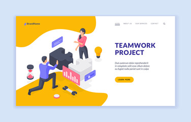 Poster - Business team working on project together isometric vector banner