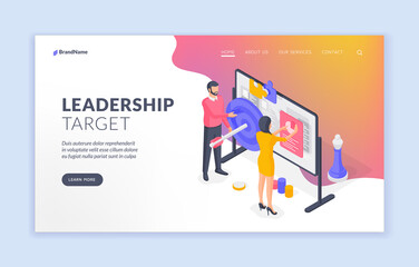 Poster - Company leaders analyzing target data on whiteboard. Banner template. isometric vector illustration