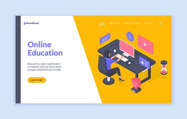 Poster - Woman studying online at table isometric vector banner