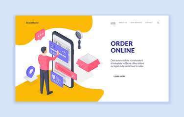 Poster - Man making online order on smartphone isometric vector illustration