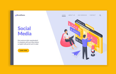 Poster - people using modern social media isometric vector illustration