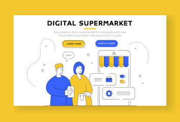 Poster - Couple using online shop account. Banner template. Flat line vector illustration