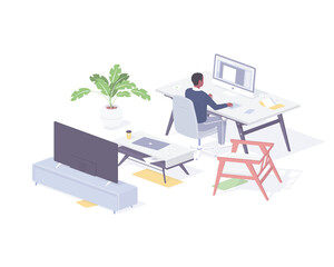 Poster - Designer works at home isometric illustration. Calm atmosphere and work relaxation realistic vector.