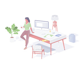 Poster - Manager workplace isometric vector. Female character is reading statistics in office.