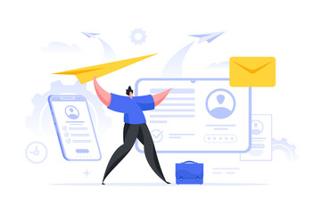 Poster - Man throwing paper plane while sending emails